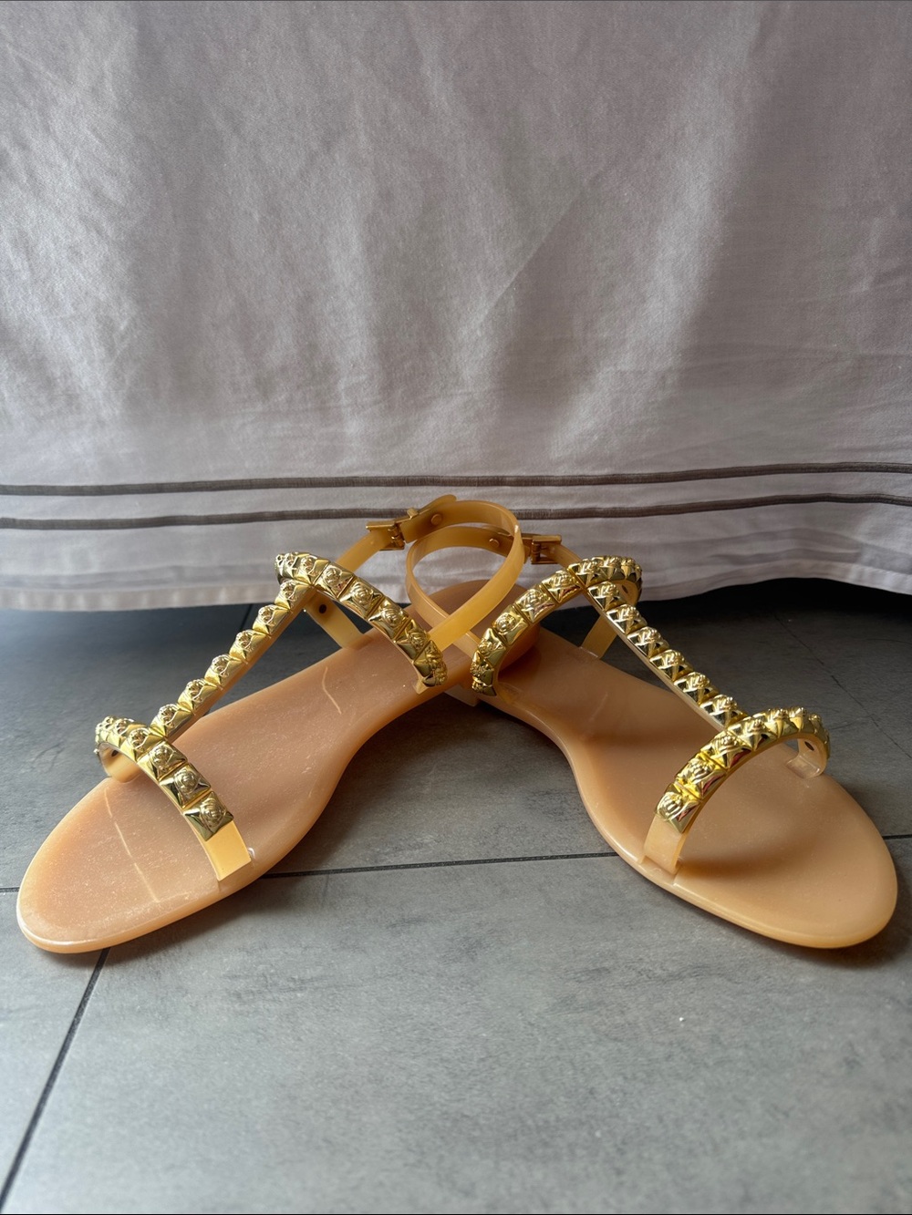 Stuart Weitzman Tan Sandals with Gold Stud Accents,8